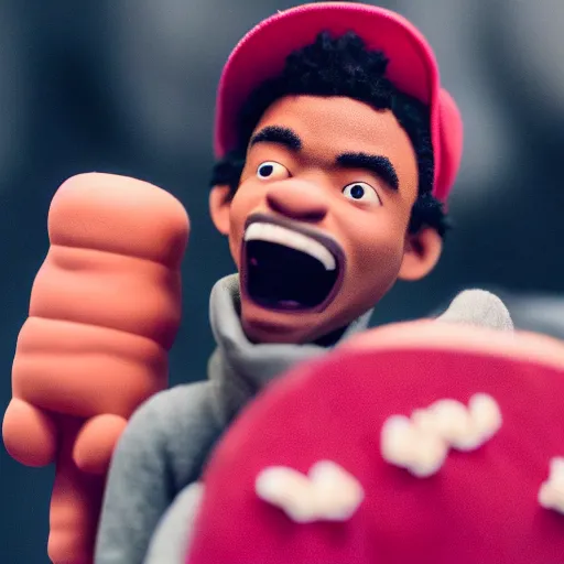 Image similar to a cinematic film still of a claymation stop motion film starring chance the rapper as a college student, shallow depth of field, 8 0 mm, f 1. 8