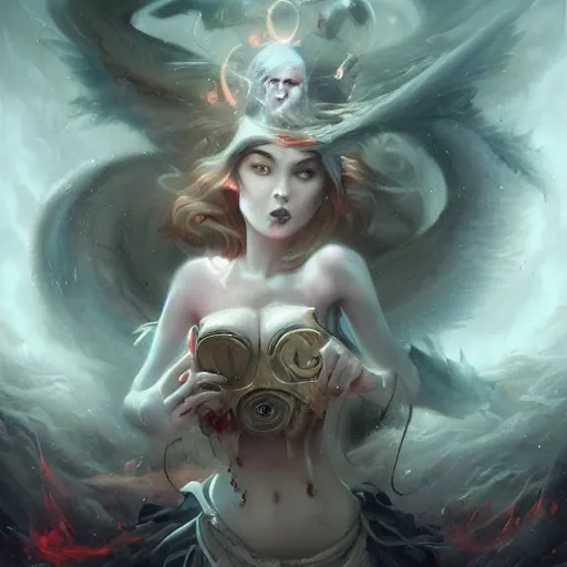 Image similar to cute girl lost in satanic ritual trying to escape dimensional shift by peter mohrbacher and emmanuel shiu and martin johnson heade and bastien lecouffe - deharme