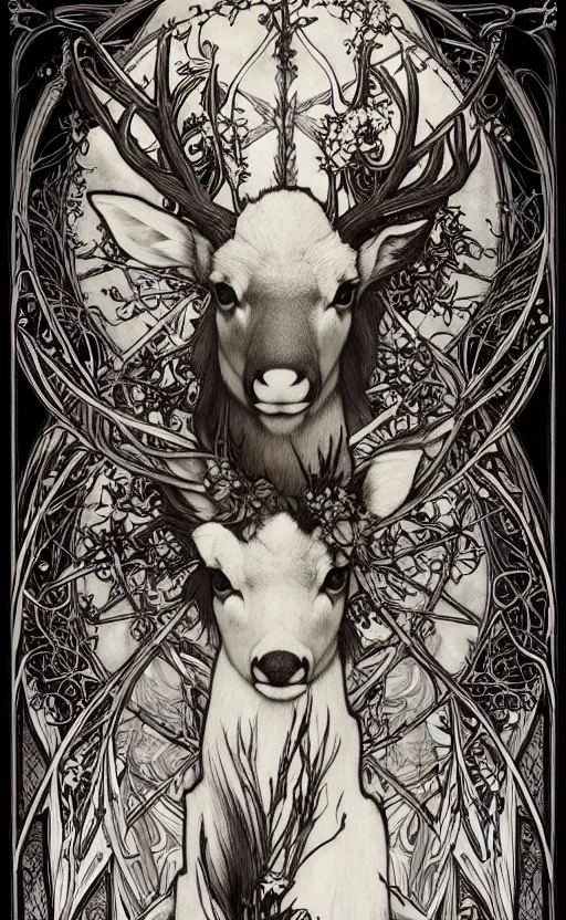 Image similar to black and white deer, with highly detailed with red flowers, long flowing mane and tail, ultra high detail, symmetry, in a hellscape, detail art style of alfons maria mucha, and peter mohrbacher atyles god lighting