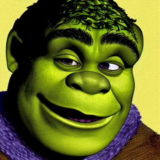 Prompt: Extremely detailed portrait of Shrek, by Miguel Vasquez