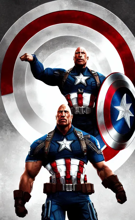 Image similar to dwayne johnson as captain america, dynamic lighting, cinematic, ultra detailed, trending on art station, stunning visuals, creative, fantasy concept art