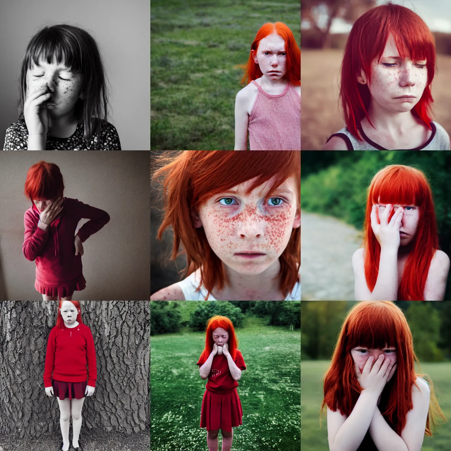 Prompt: a photograph of a sad ten year old girl standing alone, red hair, freckles, crying