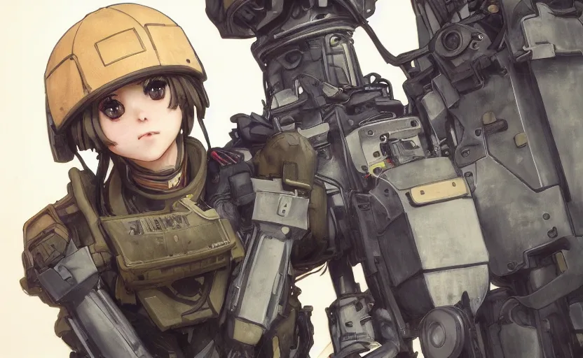 Prompt: front portrait of mechanized soldier girl, anime style, urban in background, soldier clothing, combat helmet, short hair, hair down, symmetrical facial features, from arknights, hyper realistic, 4 k, rule of thirds, extreme detail, detailed drawing, trending artstation, hd, d & d, realistic lighting, by alphonse mucha, greg rutkowski