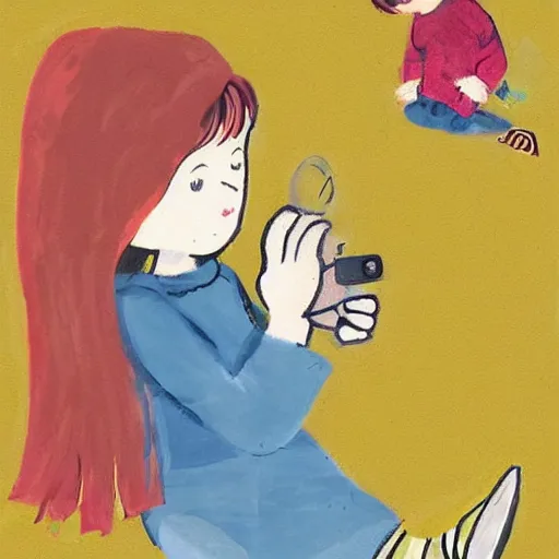 Image similar to children book illustration of little blonde girl with iphone by eloise wilkin