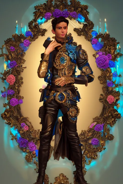 Image similar to a young handsome Spanish prince in a full-body bronze cyberpunk style statue of an android with glowing blue eyes, crown of peach roses, flowing teal-colored silk, fabric, flowers. baroque elements, human skull. full-length view. baroque element. intricate artwork by caravaggio. many many birds birds on background. Trending on artstation, octane render, cinematic lighting from the right, hyper realism, octane render, 8k, depth of field, 3D