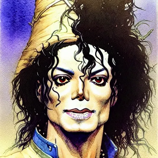 Image similar to a realistic and atmospheric watercolour fantasy character concept art portrait of michael jackson as a druidic warrior wizard looking at the camera with an intelligent gaze by rebecca guay, michael kaluta, charles vess and jean moebius giraud