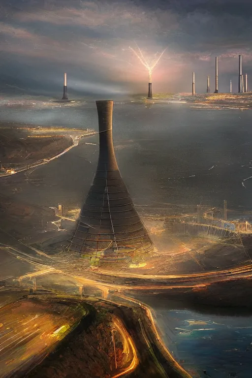 Image similar to magnificent view of a nuclear power plant standing on a hill in the middle of a river, intricate, elegant, volumetric lighting, digital painting, highly detailed, artstation, sharp focus, illustration, concept art, ruan jia, steve mccurry