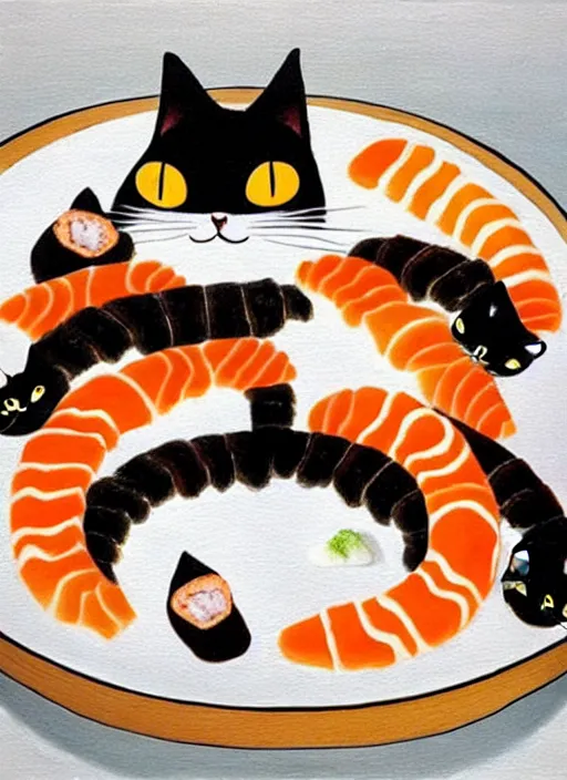 Image similar to clear surrealist painting of adorable cats made out of sushi