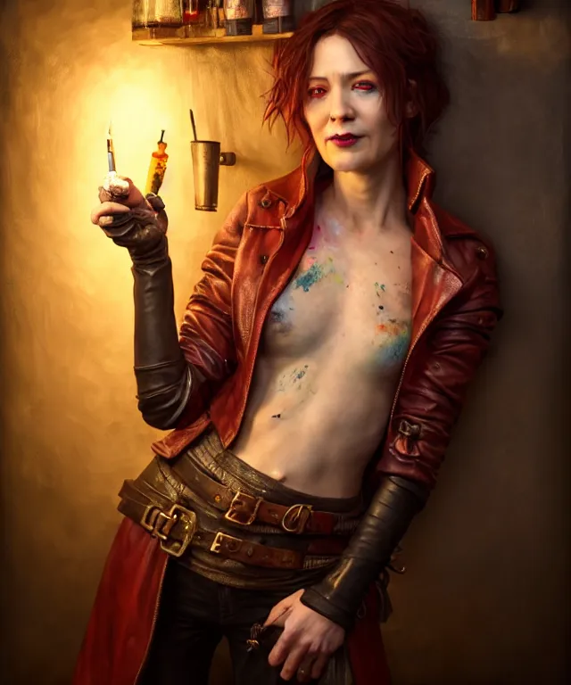 Image similar to hyperrealistic mixed media painting of a beautiful grinning charasmatic female rogue, dimly lit cozy tavern, crimson leather tunic, confident relaxed pose, d&d, stunning 3d render inspired art by Tim Okamura and Lise Deharme + perfect facial symmetry + dim volumetric lighting, 8k octane beautifully detailed render, post-processing, extremely hyperdetailed, intricate, epic composition, grim yet sparkling atmosphere, cinematic lighting + masterpiece, trending on artstation, very very detailed, masterpiece, stunning