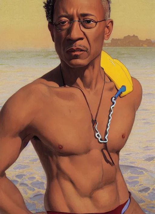 Prompt: portrait Gus Fring as sea lifeguard on the beach, full length shot, shining, 8k highly detailed, sharp focus, illustration, art by artgerm, mucha, bouguereau