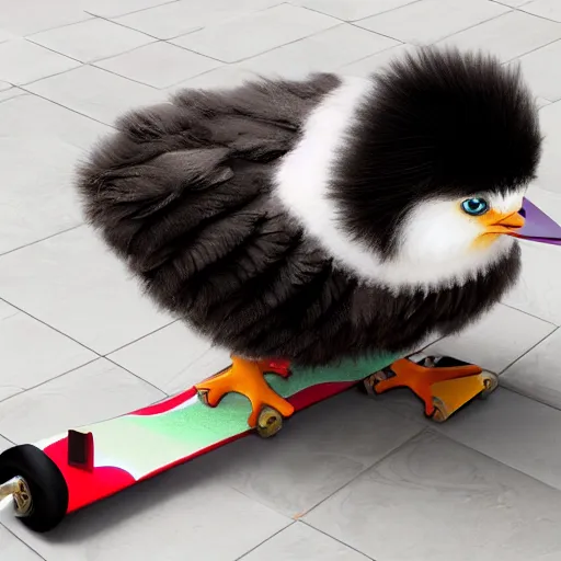 Image similar to fluffy chick looking at the camera, on a skateboard with the nose up, on floor with tiles, photorealistic