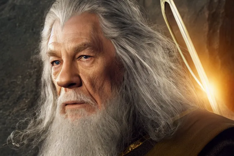 Image similar to promotional image of gandalf as captain kirk in the new star trek movie, detailed face, movie still frame, promotional image, imax 70 mm footage