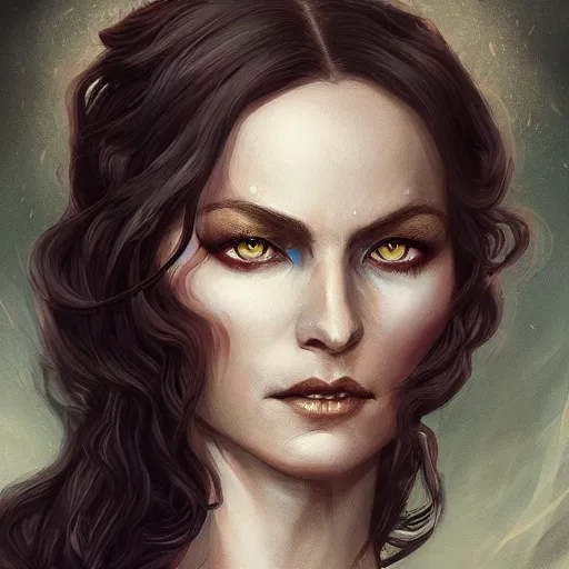 Image similar to a detailed matte head - on portrait painting of an middle - aged tiefling noblewoman with golden eyes and short well kept hair, by charlie bowater, lise deharme, wlop, tending on arstation, dungeons and dragon, dnd, pathfinder, fanart, oil on canvas