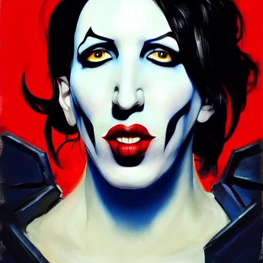 Image similar to Greg Manchess portrait painting of Marilyn Manson as Overwatch character, medium shot, asymmetrical, profile picture, Organic Painting, sunny day, Matte Painting, bold shapes, hard edges, street art, trending on artstation, by Huang Guangjian and Gil Elvgren and Sachin Teng