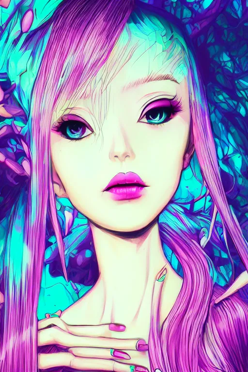 Image similar to concept art painting of a demonic barbie, artgerm, moebius, inio asano, toon shading, cel shading, calm, tranquil, vaporwave colors,