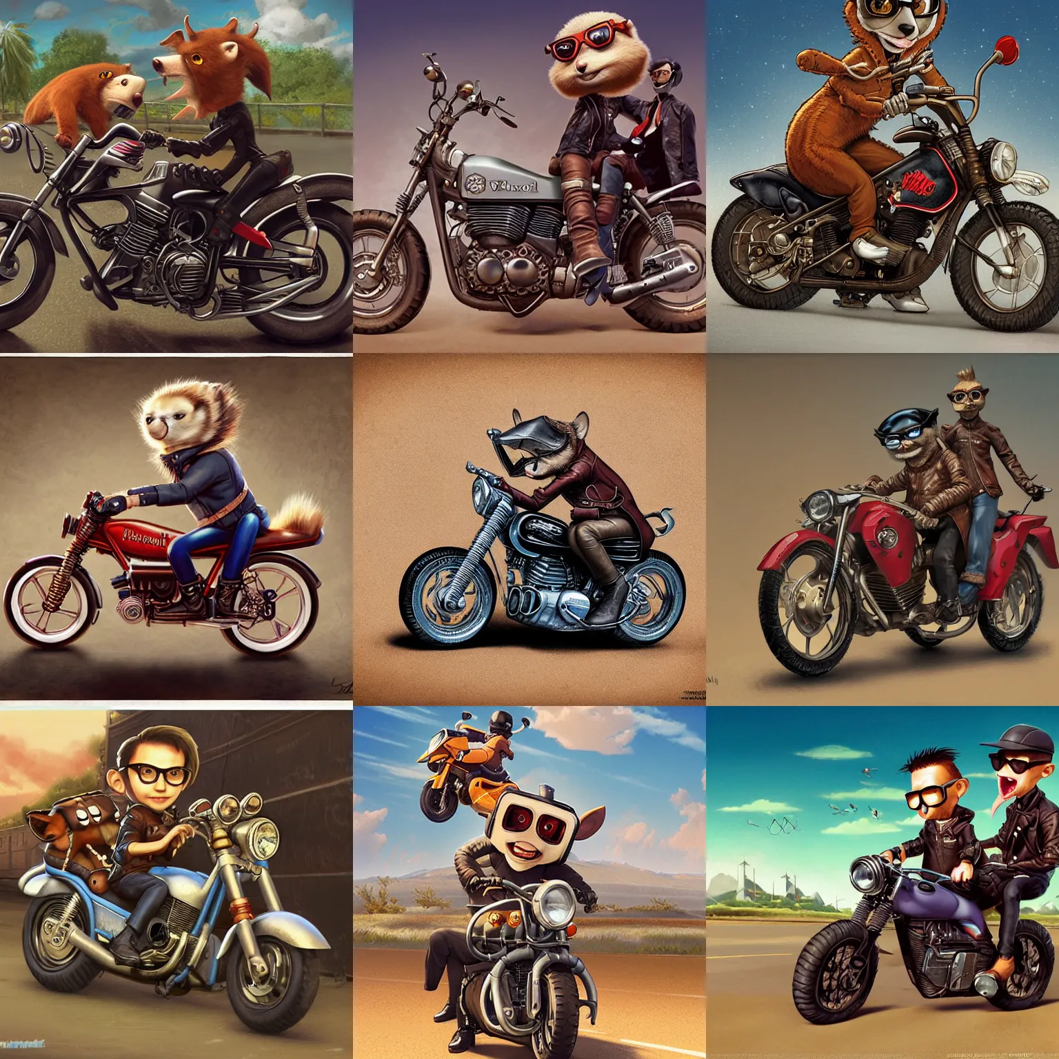 Prompt: an anthropomorphic cool weasel with a leather jacket wearing glasses riding a motorbike, wlop, steve argyle, ilya kuvshinov, ralph horsley, rossdraw, mark ryden, daniel f. gerhartz, sophie anderson, lilia alvarado, tom chambers