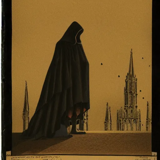 Prompt: A lone hooded figure standing on top of a colossal gothic building. In the sky a full moon and raining blue comets; arstation, book cover