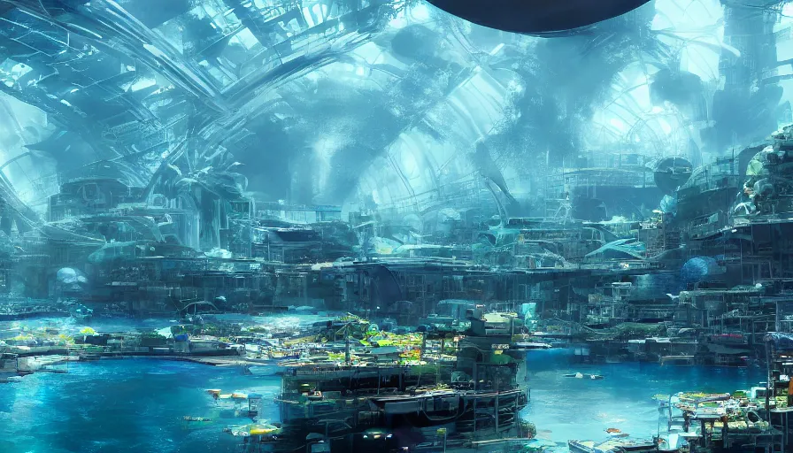 Prompt: underwater florida city built under giant blue domes, hyperdetailed, artstation, cgsociety, 8 k