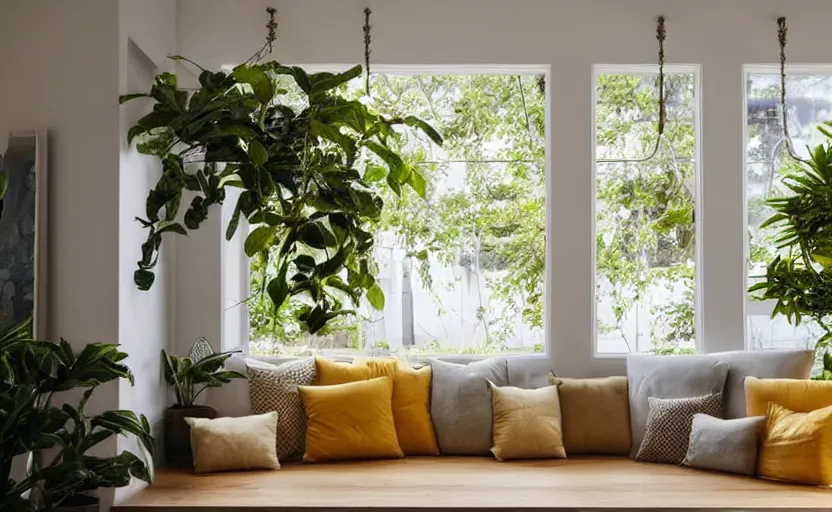 Prompt: interior desing magazine photo of a big window with a wooden frame to sit on, some sandy yellow pillows, there are some books on a small integrated shelf, hanging plants, great architecture, ambient light, 8k