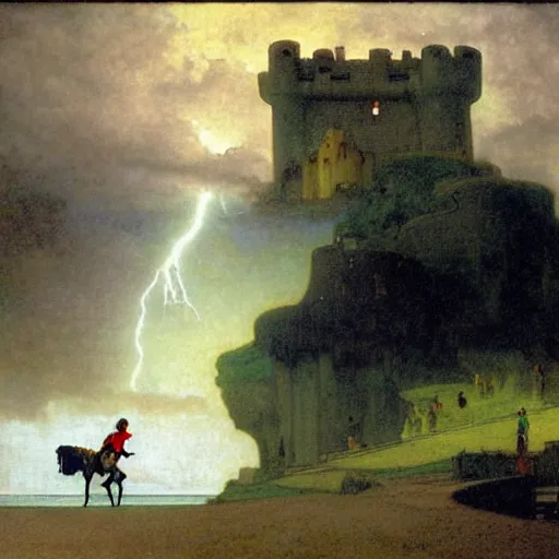 Image similar to Girl riding a horse leaving the castle through the bridge, thunderstorm, beach ocean on the background major arcana sky, by paul delaroche, alphonse mucha and arnold böcklin arnold böcklin hyperrealistic 8k, very detailed