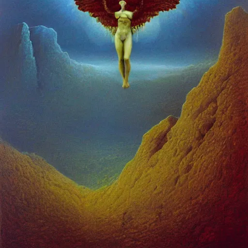 Image similar to a oil painting of a bibical angel over a fantasy valley, 4 k, high detail, by beksinski