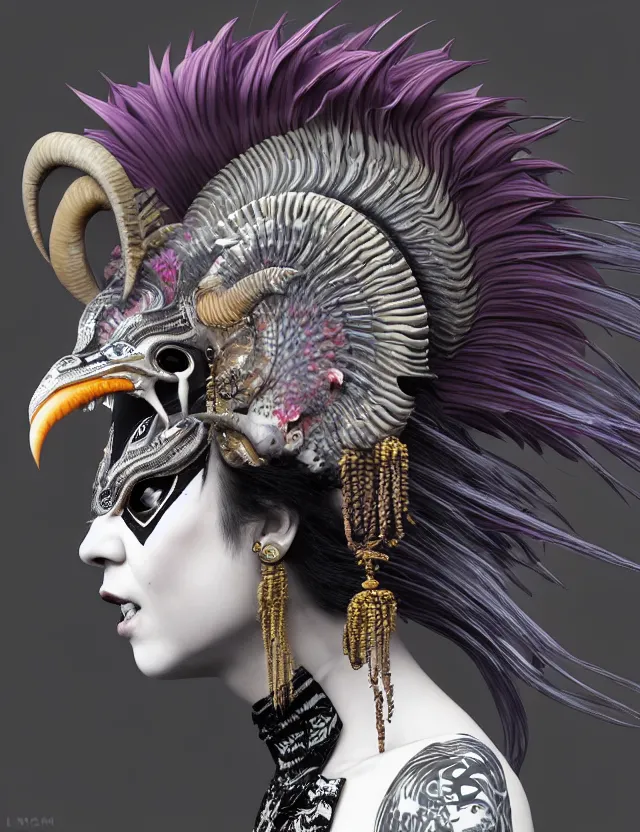 Image similar to 3 d goddess close - up profile portrait punk with mohawk with ram skull. beautiful intricately detailed japanese crow kitsune mask and clasical japanese kimono. betta fish, jellyfish phoenix, bio luminescent, plasma, ice, water, wind, creature, artwork by tooth wu and wlop and beeple and greg rutkowski