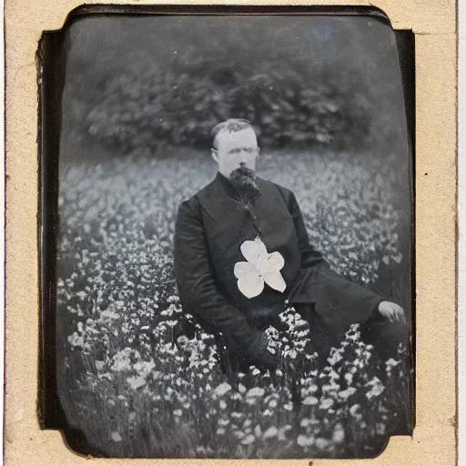 Prompt: 1910 Tintype photgraph of annals robb laying in a field of flowers