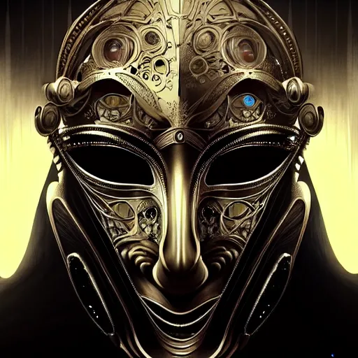 Image similar to Very very very very highly detailed epic photo of face with venetian mask, intricate, dystopian, sci-fi, extremely detailed, digital painting, artstation, concept art, smooth, sharp focus, illustration, intimidating lighting, incredible art by Artgerm and Vincent di Fate