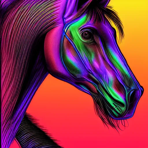 Image similar to digital horse, synthwave palette, highly detailed, anatomically correct equine, retro feel, portrait, digital art