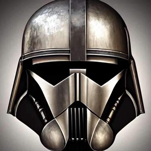 Prompt: bust portrait of a knight, high detail, silver, steel, helmet, ornate decoration, gold trim, storm trooper, diffused lighting, runic etching, mandalorian, darth revan, star wars, octane, unreal 5