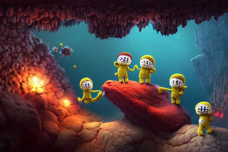 Prompt: an expedition of crochet astronauts discovering a mysterious cave underwater. cute, illustration, digital art, inspired by little big planet, by greg rutkowski, detailed, sharp, masterpiece, highly detailed, photorealistic, octane render, 8 k, unreal engine 5, trending on artstation, vivid colors