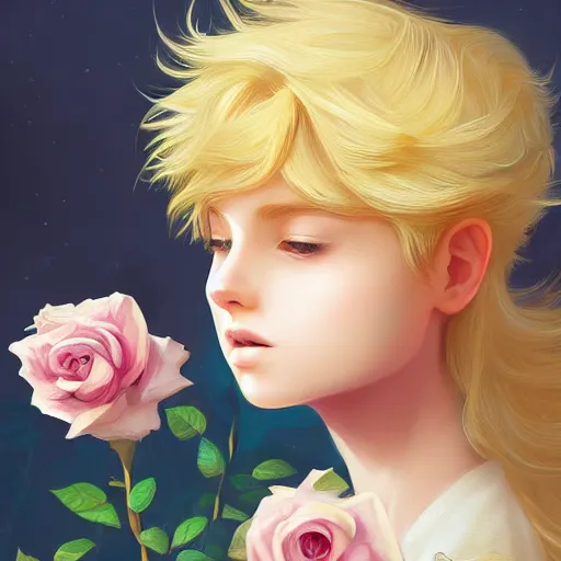 Prompt: the little prince standing in a garden of roses, blond hair, gorgeous, amazing, elegant, intricate, highly detailed, digital painting, artstation, concept art, sharp focus, illustration, art by ross tran