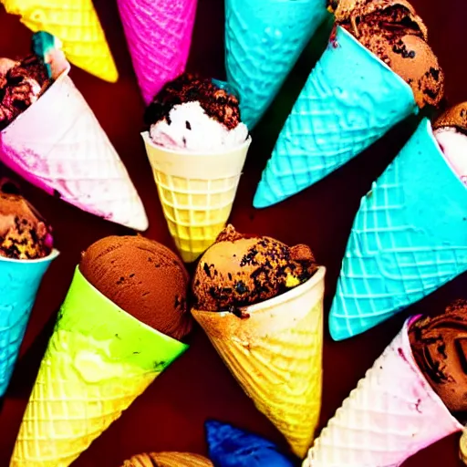 Prompt: close up on an ice cream cone colorful food photography