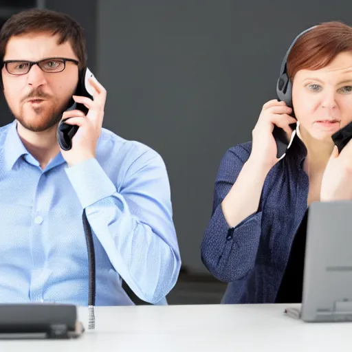 Prompt: a support engineer for an SD-WAN company deals with the same exact exasperated customer on the phone, dynamic pose