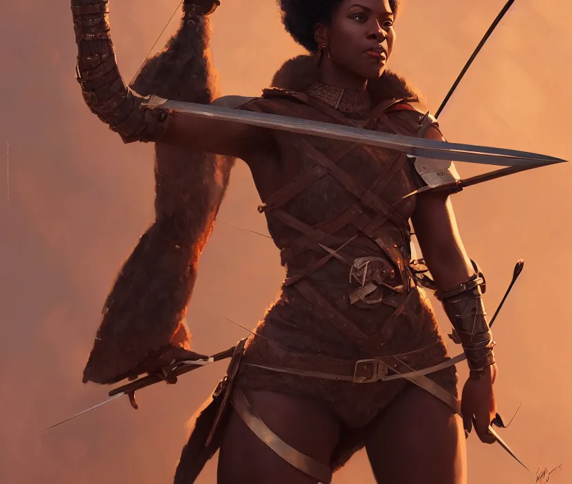 Image similar to full body portrait of beautiful black woman as a medieval archer, leather armor and war bow, cinematic, highly detailed, digital painting, artstation, concept art, smooth, sharp focus, illustration, face by wlop, illustrated by mars ravelo and greg rutkowski
