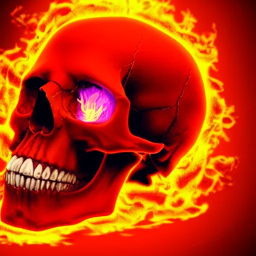 Image similar to a highly detailed human skull on fire in front of a glowing red background, 3 d, highly detailed, digital art, artstation, concept art, trending
