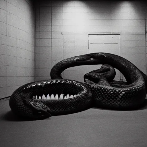 Prompt: professional photograph of a dark room with a large colored snake in the center of it