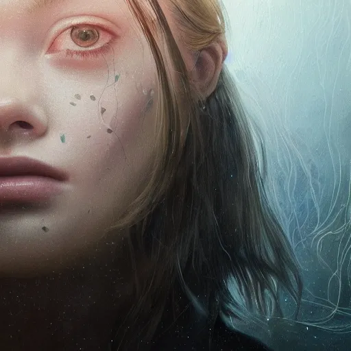 Prompt: portrait of a elle fanning surrounded by bioluminescent jellyfish in kojima's metal gear solid and death stranding, detailed realism face in painting, detailed beautiful portrait, oil painting masterpiece, 8 k resolution, smooth, sharp focus, trending on artstation, by rembrandt