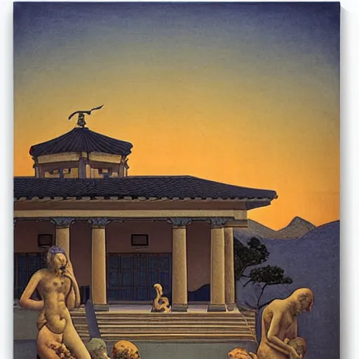 Image similar to a beautiful ancient bathhouse with bathing alien creatures surrounded by greek statues at sunset by hasui kawase