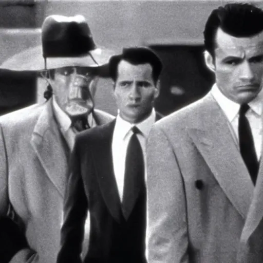 Prompt: the final shot of a mobster movie, men in suits, somber, cinematic composition, arriflex 35