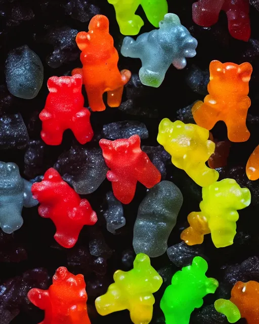 Prompt: national geographic photo of wild gummy bears, wildlife photography, 4 k photo, dynamic lighting