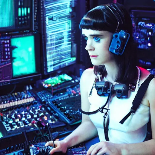 Image similar to studio photo of cyberpunk cyborg zooey deschanel