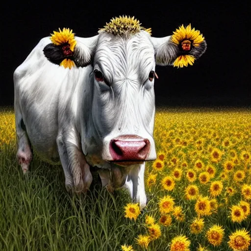 Image similar to portrait of black and white cow, field of sun flowers landscape, rich vivid colors, fantasy, intricate, elegant, highly detailed, digital painting, artstation, concept art, matte, sharp focus, illustration, art by Artgerm and Greg Rutkowski and Alphonse Mucha