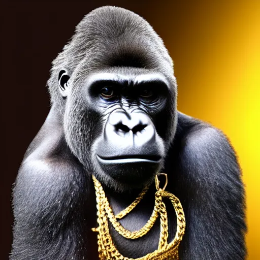 Prompt: a gorilla wearing shades and a gold chain, 4 k