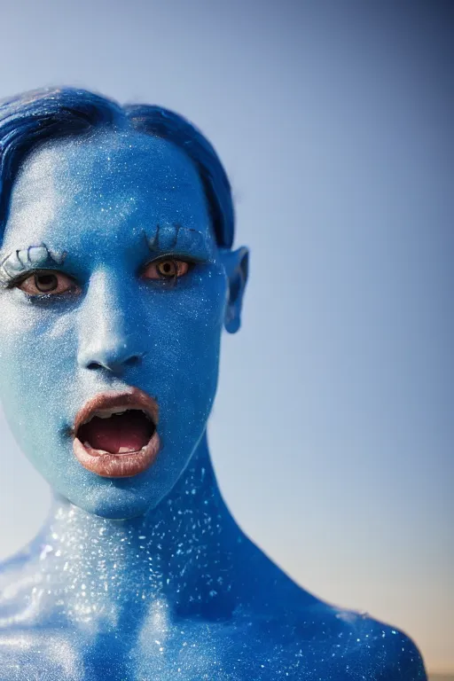 Prompt: a young french woman dressed as a blue-skinned triton from DND standing on a beach, blue body paint, high resolution film still, 8k, HDR colors, cosplay, outdoor lighting, high resolution photograph, photo by bruce weber, beautiful symmetric face