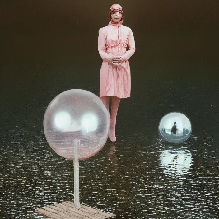 Prompt: a closeup portrait of a woman wrapped in plastic, standing next to a levitating mylar orb, in a foggy lake, color photograph, by vincent desiderio, canon eos c 3 0 0, ƒ 1. 8, 3 5 mm, 8 k, medium - format print