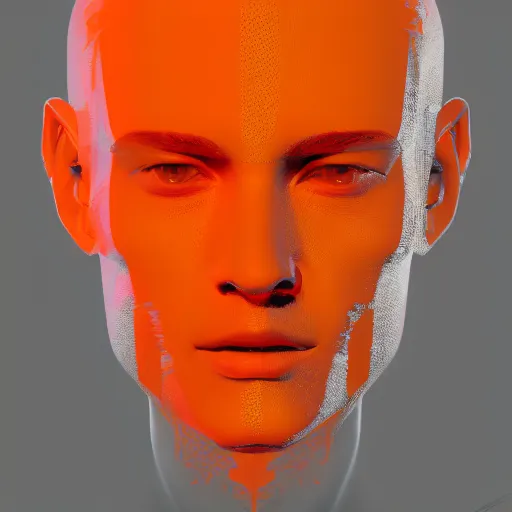 Image similar to portrait a glitchy monitor with a humanoid body wearing an orange jacket. illustration, artstation, cinematic, photoreal.