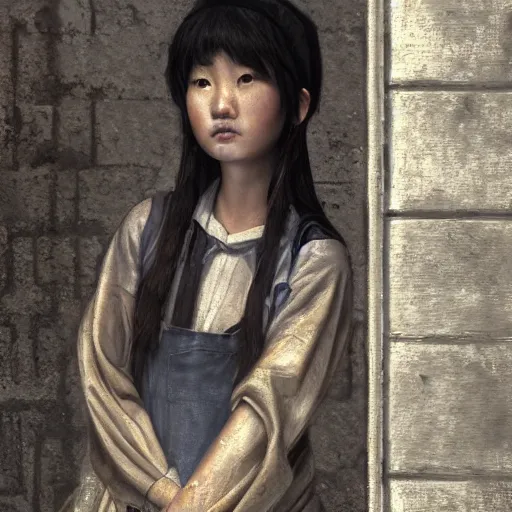 Image similar to a perfect, realistic professional oil painting in ancient Roman style, of a Japanese schoolgirl posing in a dystopian alleyway, close-up, by a professional American senior artist on ArtStation, a high-quality hollywood-style concept