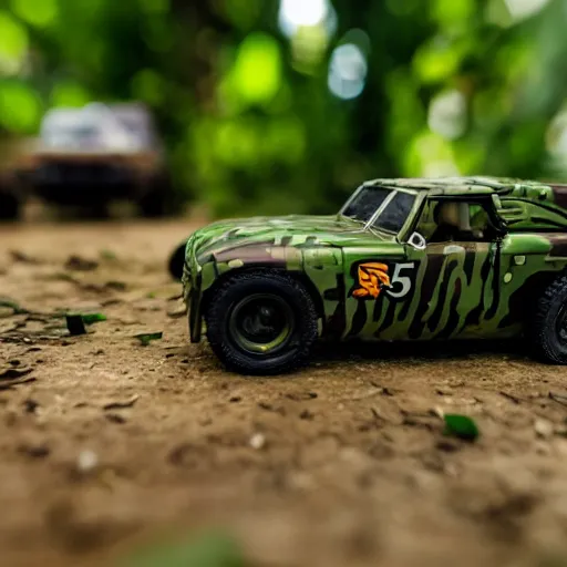 Image similar to 3 5 mm photo of militar car like hot wheels model in jungle as background, on an very epic cinematic