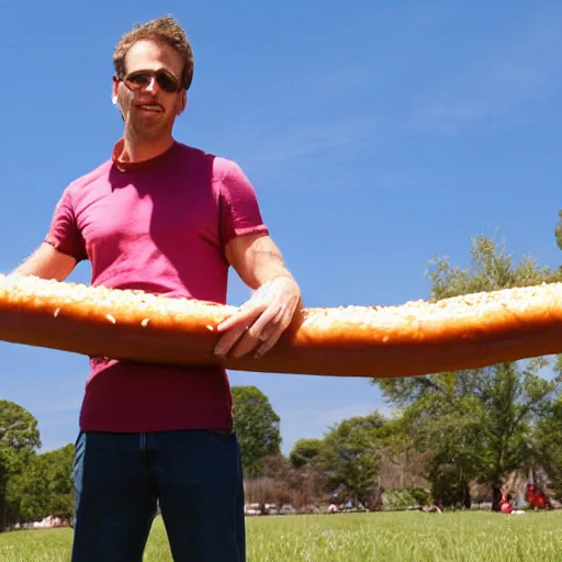 Image similar to man eating a ten foot long hotdog